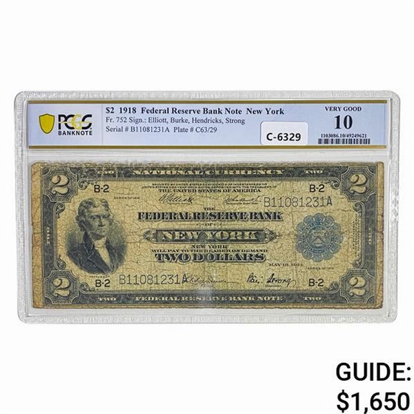1918 $2 BATTLESHIP FRBN NEW YORK, NY PCGS VG-10