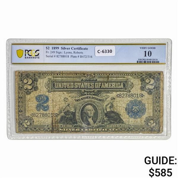 1899 $2 MINI PORTHOLE SILVER CERT. PCGS VG-10
