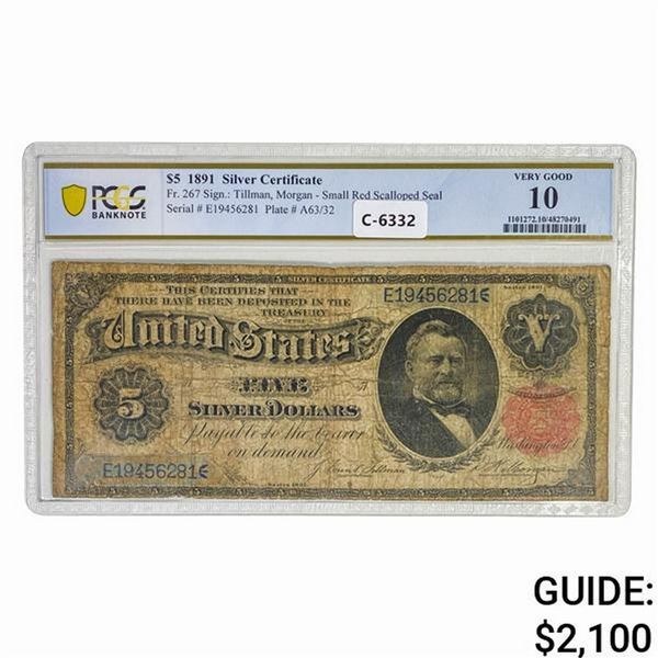 1891 $5 GRANT SILVER CERTIFICATE PCGS VG-10