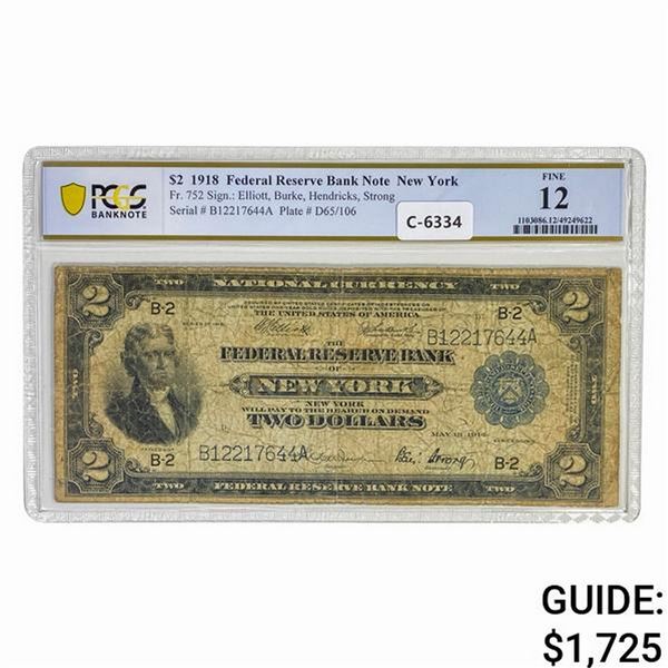 1918 $2 BATTLESHIP FRBN NEW YORK, NY PCGS F-12