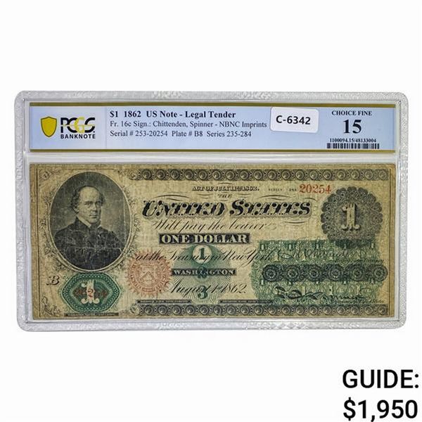 FR. 16c 1862 $1 LEGAL TENDER USN PCGS F-15