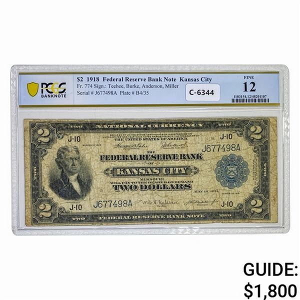 1918 $2 BATTLESHIP FRBN KANSAS CITY, MO PCGS F-12