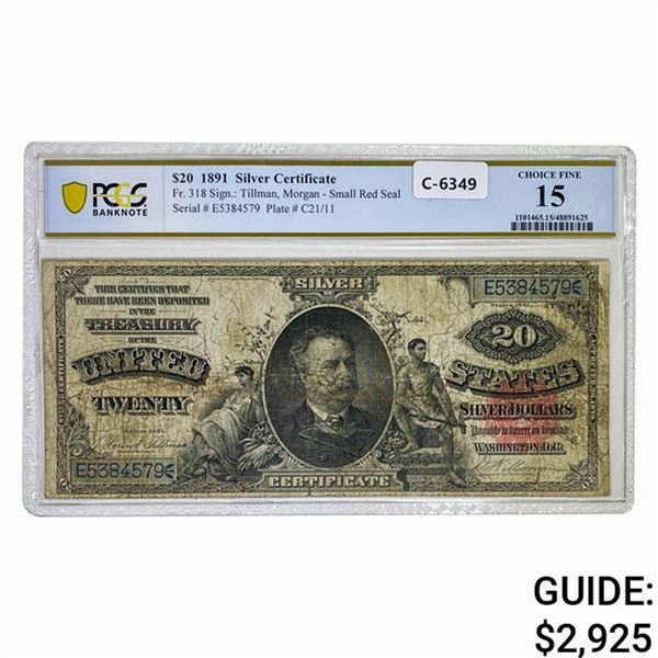 1891 $20 MANNING SILVER CERTIFICATE PCGS F-15