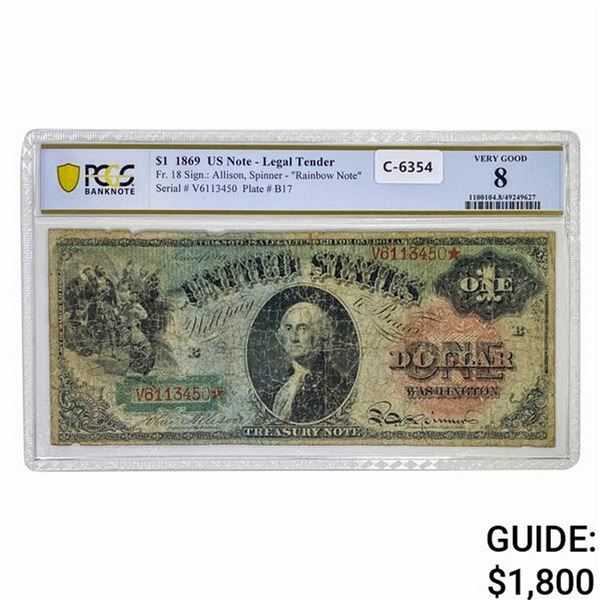 1869 $1 RAINBOW LEGAL TENDER USN PCGS VG-8