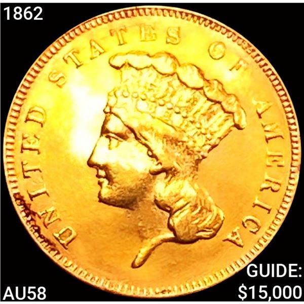 1862 $3 Gold Piece CHOICE AU