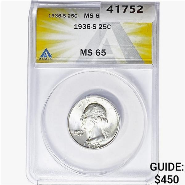 1936-S Washington Silver Quarter ANACS MS65