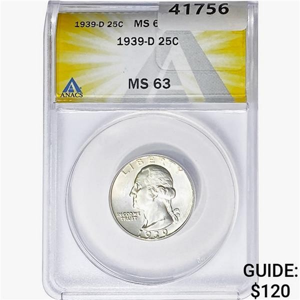 1939-D Washington Silver Quarter ANACS MS63