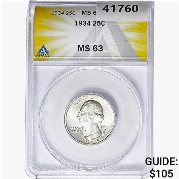 1934 Washington Silver Quarter ANACS MS63
