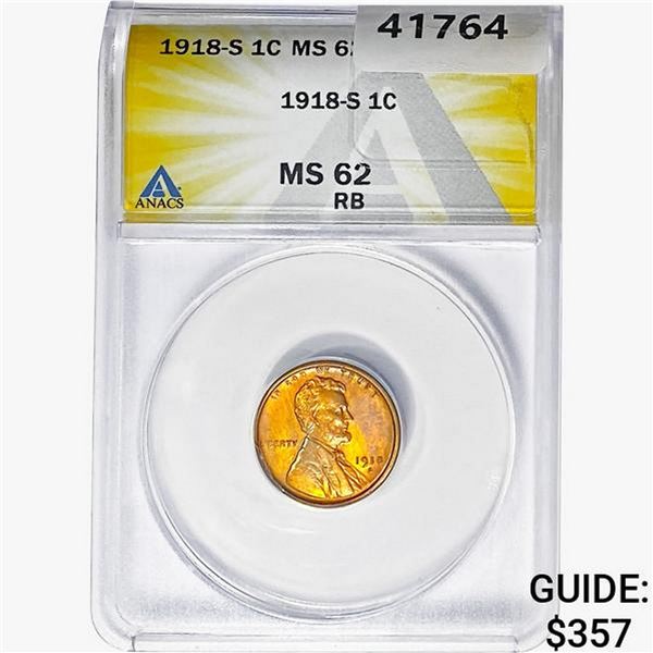 1918-S Wheat Cent ANACS MS62 RB