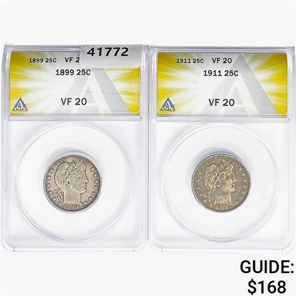 [2]1899 & 1911 Barber Quarter ANACS VF20