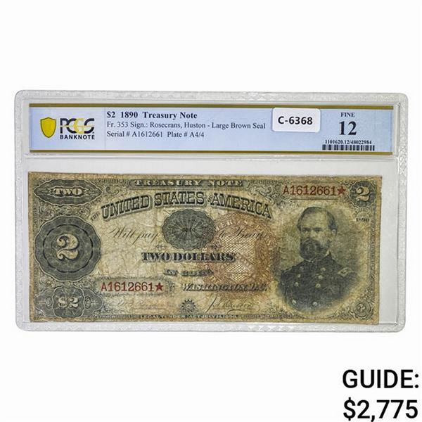 1890 $2 SHERIDAN ORNATE TREASURY NOTE PCGS F-12