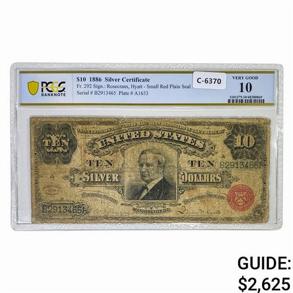 1886 $10 TOMBSTONE SILVER CERTIFICATE PCGS VG-10