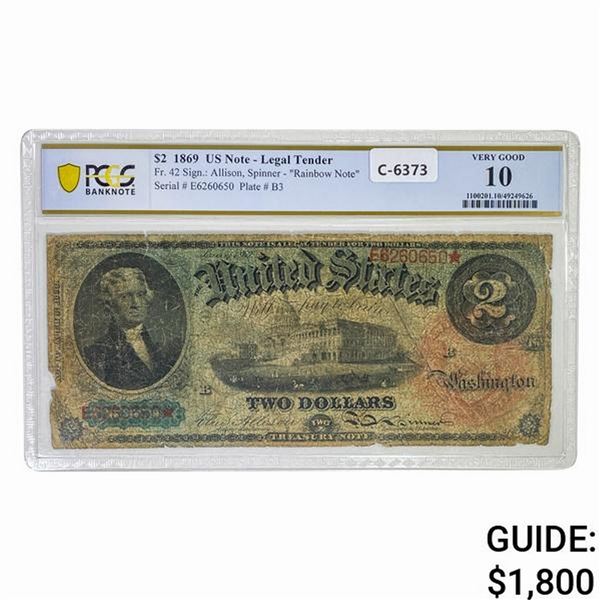 1869 $2 RAINBOW LEGAL TENDER USN PCGS VG-10