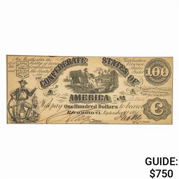 T-13 1861 $100 CSA CONFEDERATE NOTE UNC