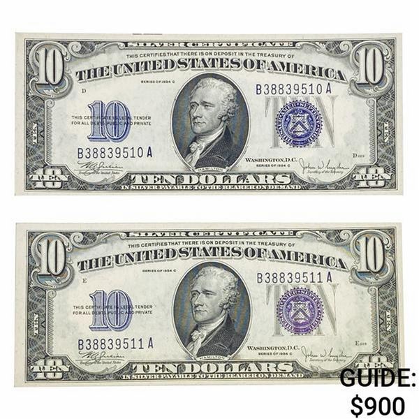 (2) CONS. 1934-C $10 SILVER CERTIFICATES GEM UNC