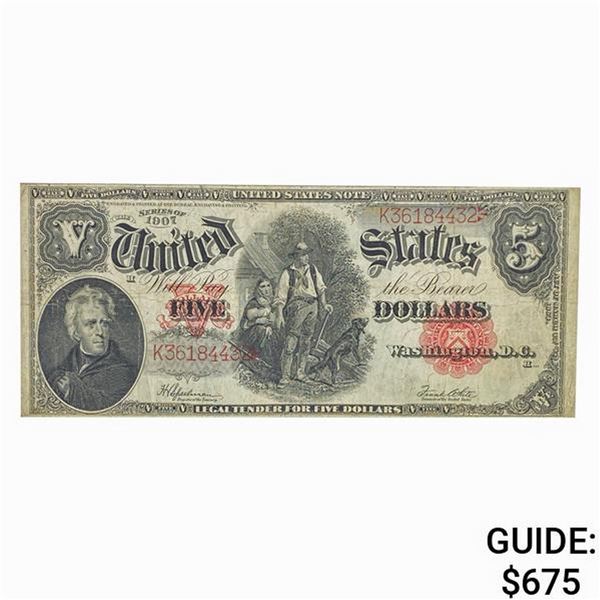 1907 $5 WOODCHOPPER LEGAL TENDER USN VF