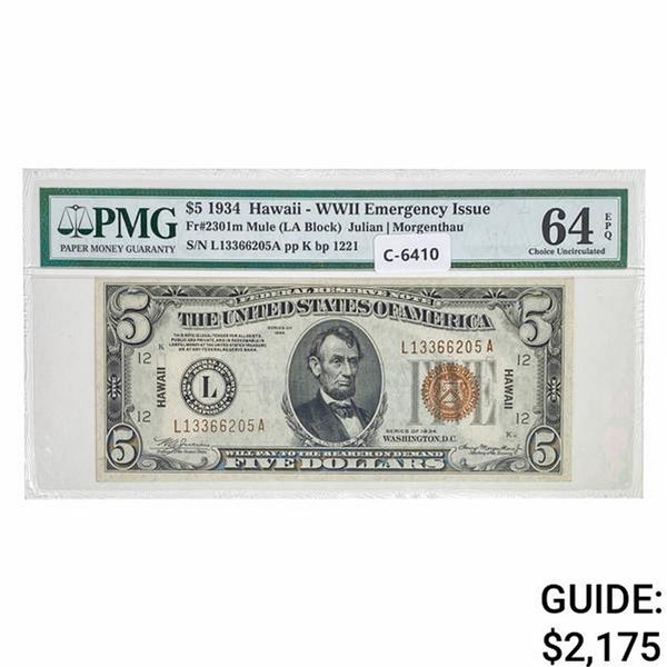 1934 $5 MULE HAWAII FRN PMG UNC-64EPQ