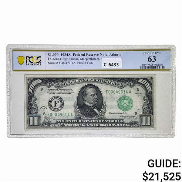 1934-A $1,000 FRN ATLANTA, GA PCGS UNC-63