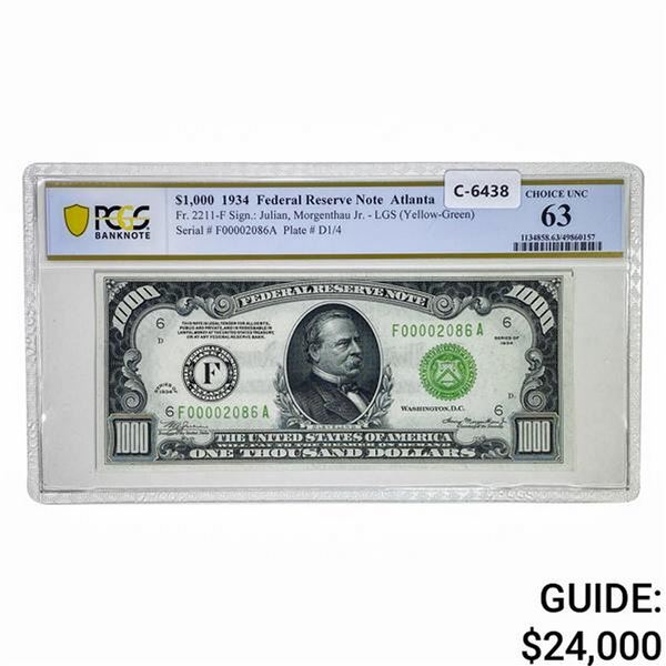 1934 $1,000 LGS FRN ATLANTA, GA PCGS UNC-63