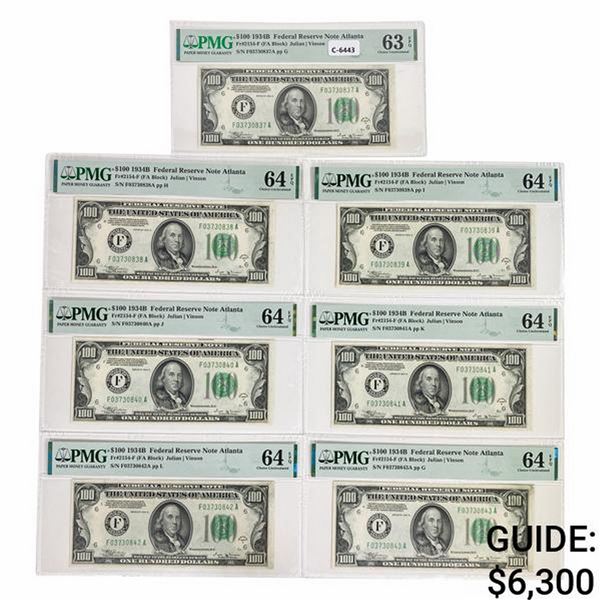 (7) CONS. 1934-B $100 FRN'S PMG UNC-63/64EPQ
