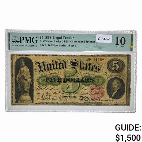 FR. 63 1863 $5 LEGAL TENDER USN PMG VG-10