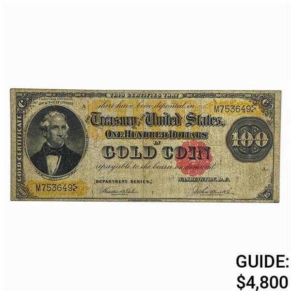 1882 $100 BENTON GOLD CERTIFICATE VF