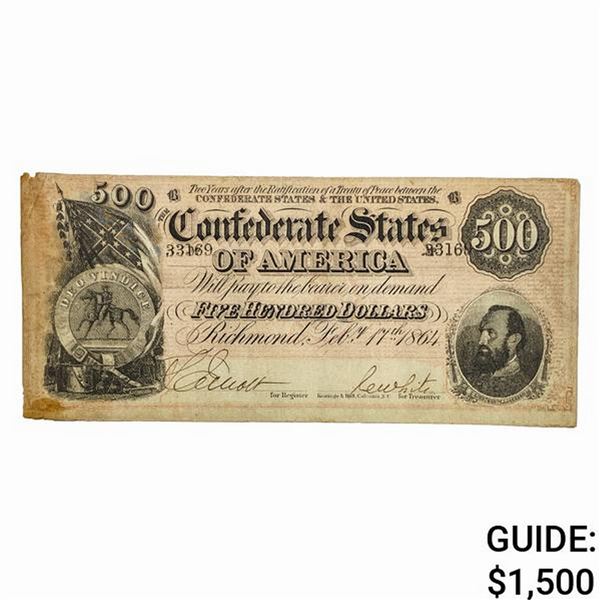 1864 $500 CSA CONFEDERATE DIXIE REBEL NOTE EF