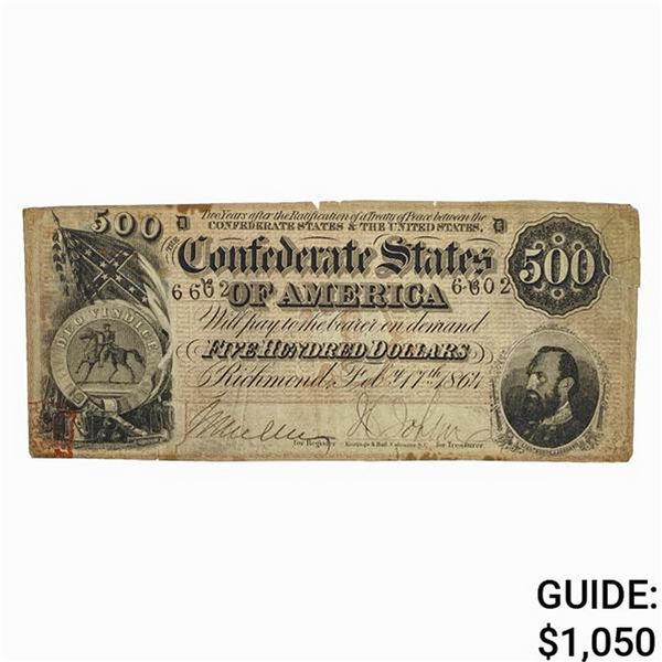 1864 $500 CSA CONFEDERATE DIXIE REBEL NOTE VF