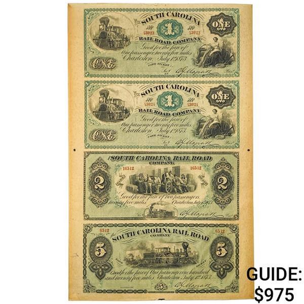 1873 $1, $1, $2, $5 SC RAIL ROAD OBSOLETES UNC