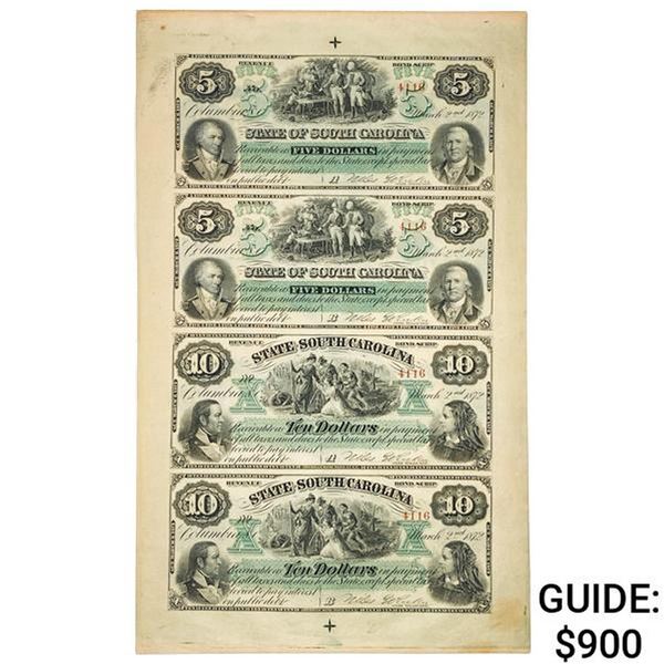 1872 $5, $5, $10, $10 STATE OF SC OBSOLETES UNC