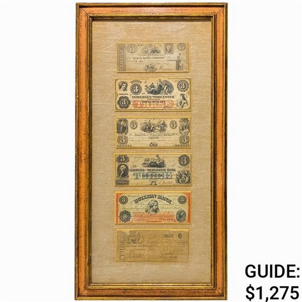 LOT OF (6) 1800s $3 OBSOLETE NOTES FRAMED