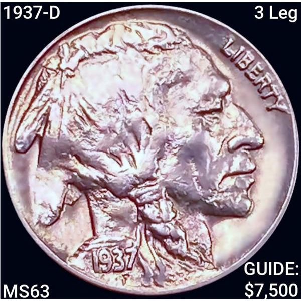 1937-D 3 Leg Buffalo Nickel CHOICE BU