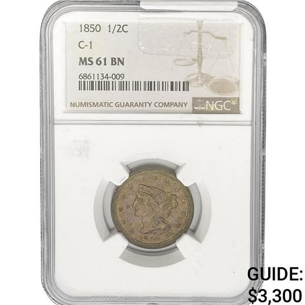 1850 Braided Hair Half Cent NGC MS61 BN C-1