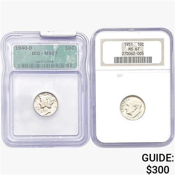 [2] 1940-D&1951 Silver Dimes ICG/NGC MS67