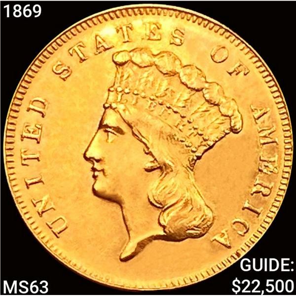 1869 $3 Gold Piece CHOICE BU
