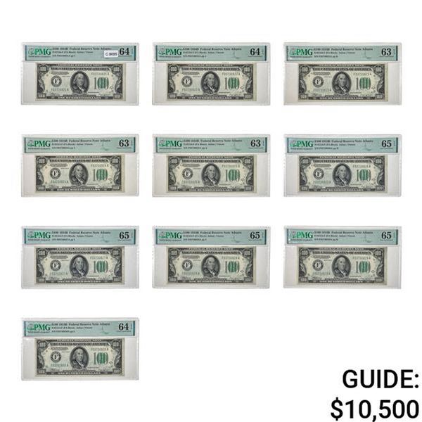(10) CONS. 1934-B $100 FRN'S PMG UNC-63-65EPQ