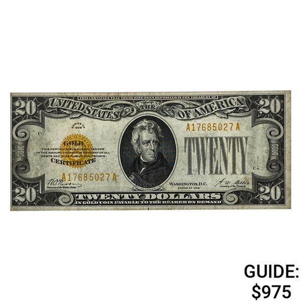 1928 $20 GOLD CERTIFICATE ABOUT UNCIRCULATED