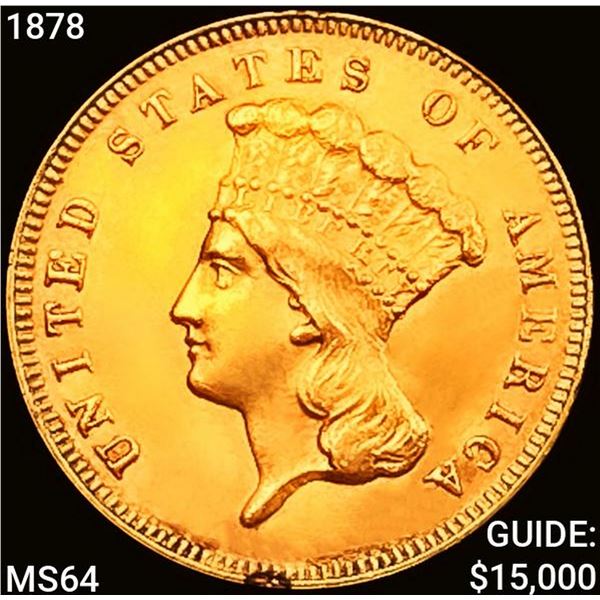 1878 $3 Gold Piece CHOICE BU