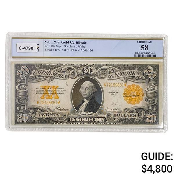 1922 $20 GOLD CERTIFICATE PCGS ABOUT UNC-58