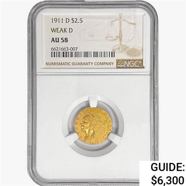 1911-D $2.50 Gold Quarter Eagle NGC AU58 Weak D