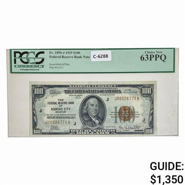 1929 $100 FRBN KANSAS CITY, MO PCGS UNC-63PPQ