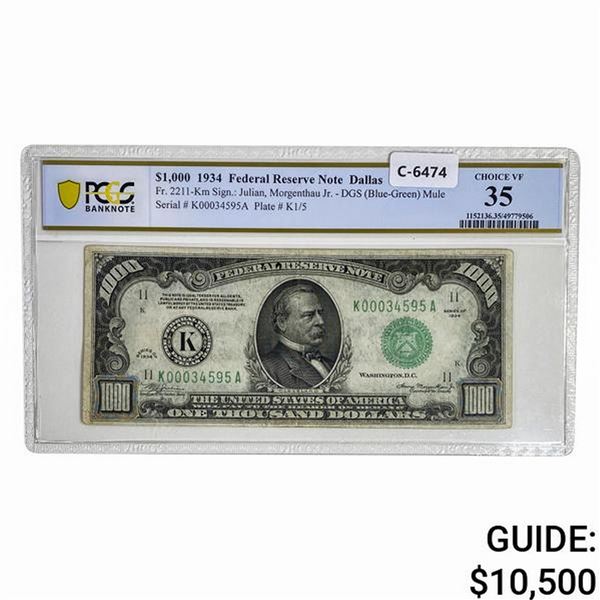 1934 $1,000 MULE FRN DALLAS, TX PCGS VF-35