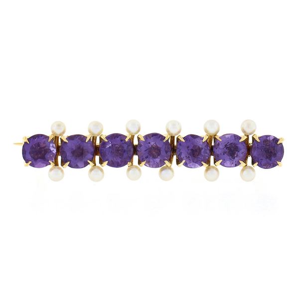Antique Victorian 14k Gold 4.2mm Old Round Amethyst & Seed Pearl Bar Pin Brooch