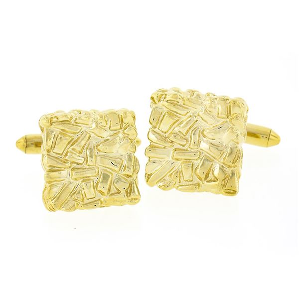 Men's Solid 14k Yellow Gold Nugget Textured Polished Finish Square Cuff Links