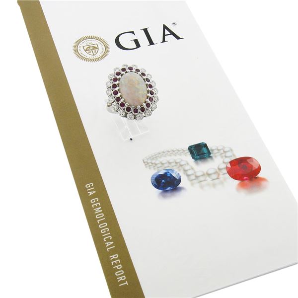 NEW Platinum 8.20 ctw GIA Oval Cabochon Opal w/ Ruby & Diamond Halo Cocktail Rin