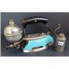 Image 3 : Coleman No. 611 - Turquoise gas iron w/ filler can