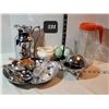 Image 1 : Vintage Kitchenware. Glass Tang decanter, gravy boat, egg boiler, measuring spoons & more.
