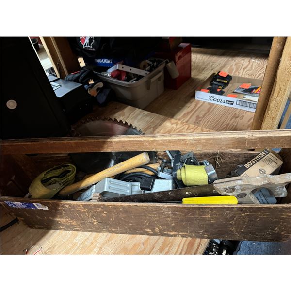 Wood toolbox saw and contents