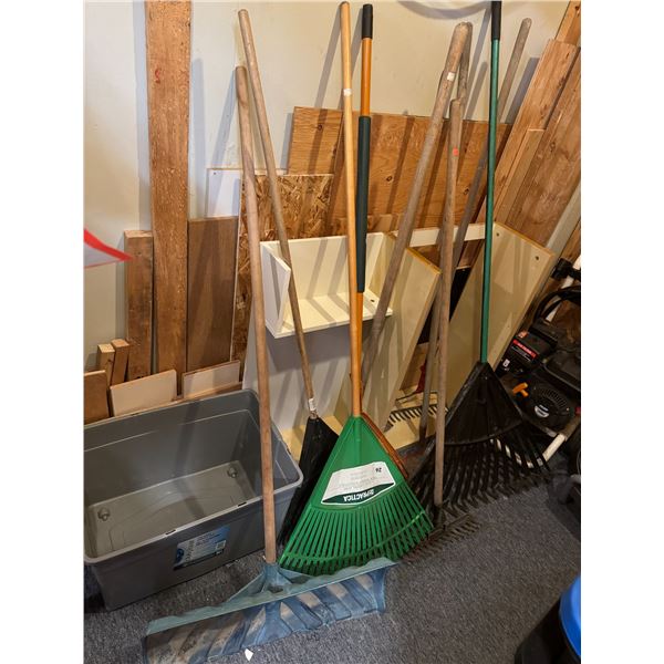 garden tools, rakes, and shovel