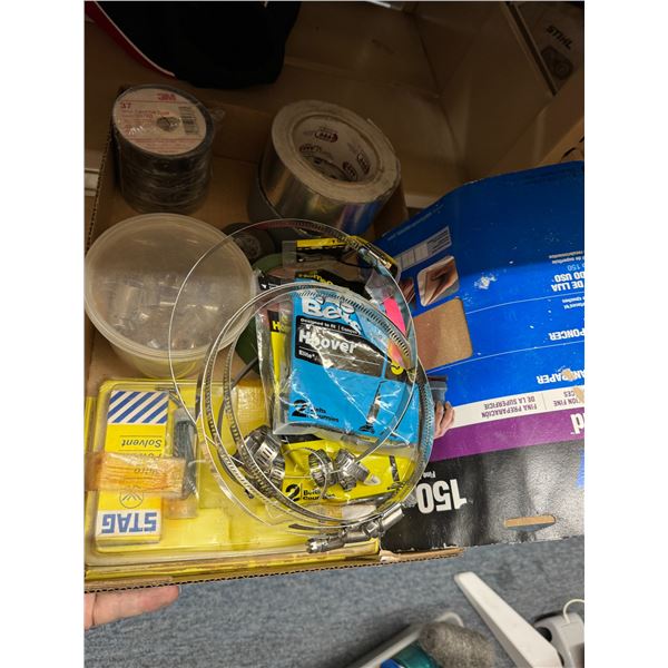 Electrical, tape, sandpaper, and other garage related items